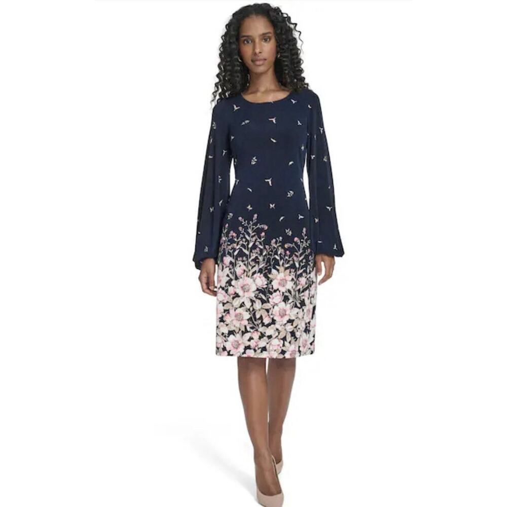 Tommy Hilfiger Floral Matt Jersey Dress Balloon-Sleeve Border Print 8P
